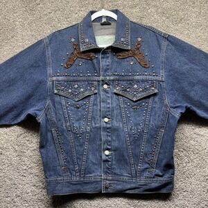 Vintage FREEGO Denim Trucker Jacket Women's Small P Rhinestone Embellished BIG